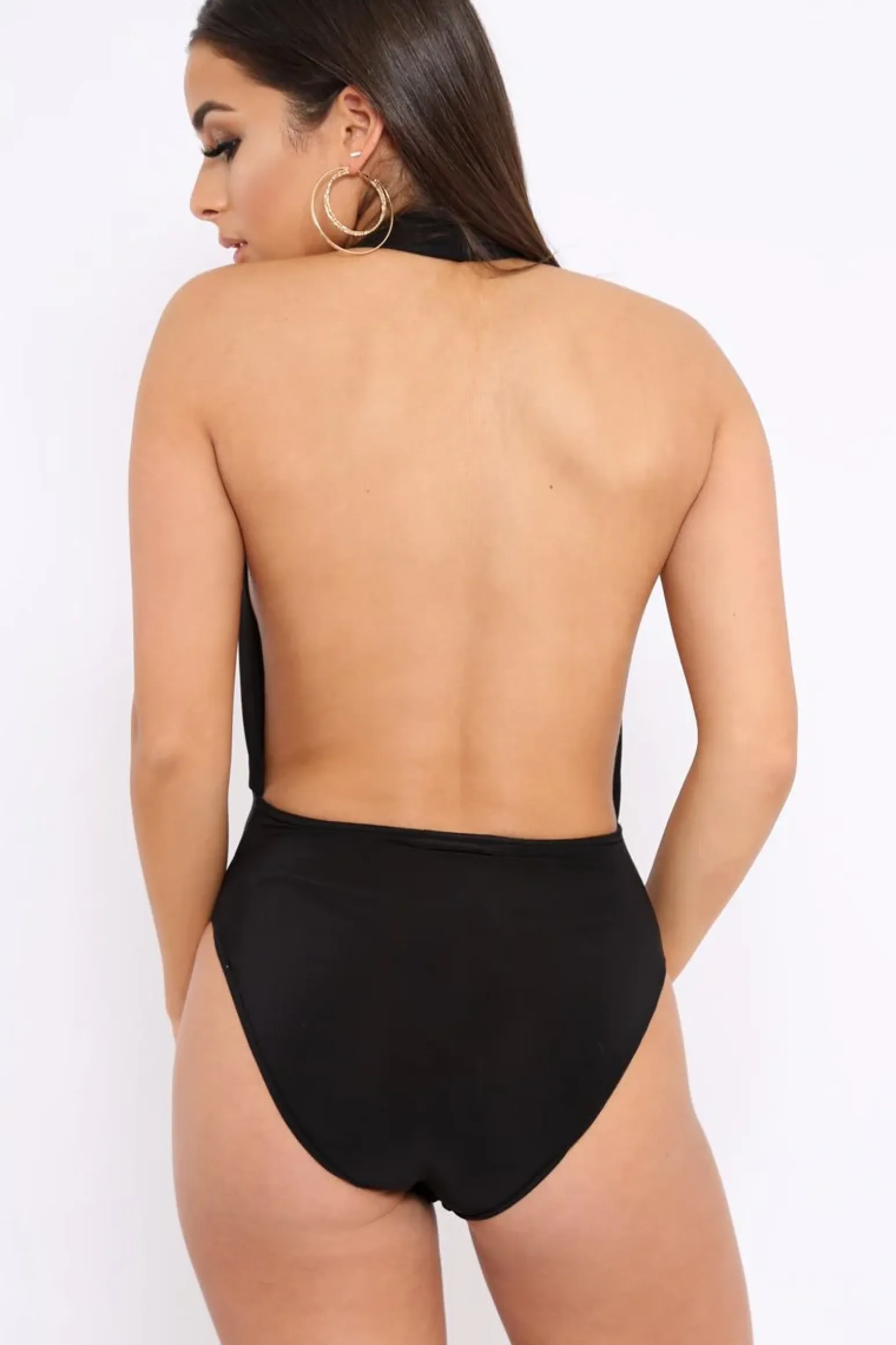 Rebellious Fashion Black Halterneck Slinky Bodysuit -Isla