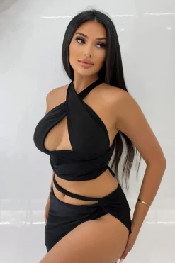 Rebellious Fashion Black Halter Neck Slinky Crop Top - Jessabel