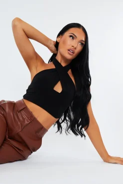 Rebellious Fashion Black Halter Neck Slinky Crop Top - Jessabel