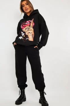 Rebellious Fashion Black Hand Graphic Slogan Hoodie - Kyrie