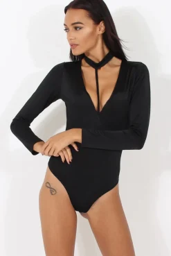 Rebellious Fashion Black Harness Choker Long Sleeve Bodysuit - Sandra