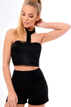 Rebellious Fashion Black Harness Crop Top & Short Co-Ord Set - Coreen