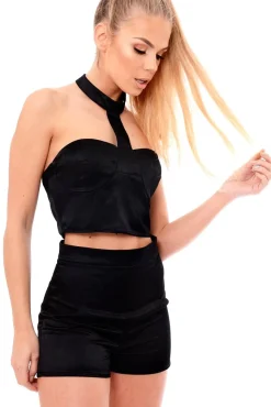 Rebellious Fashion Black Harness Crop Top & Short Co-Ord Set - Coreen