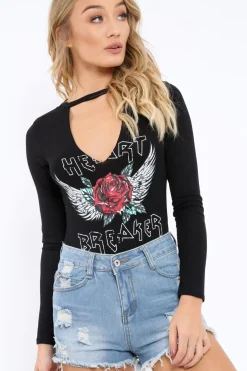 Rebellious Fashion Black Heart Breaker Bodysuit with Plunge Neck - Scarlet