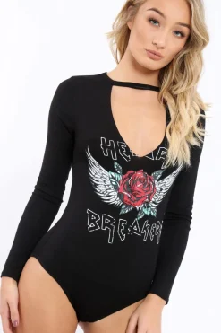 Rebellious Fashion Black Heart Breaker Bodysuit with Plunge Neck - Scarlet