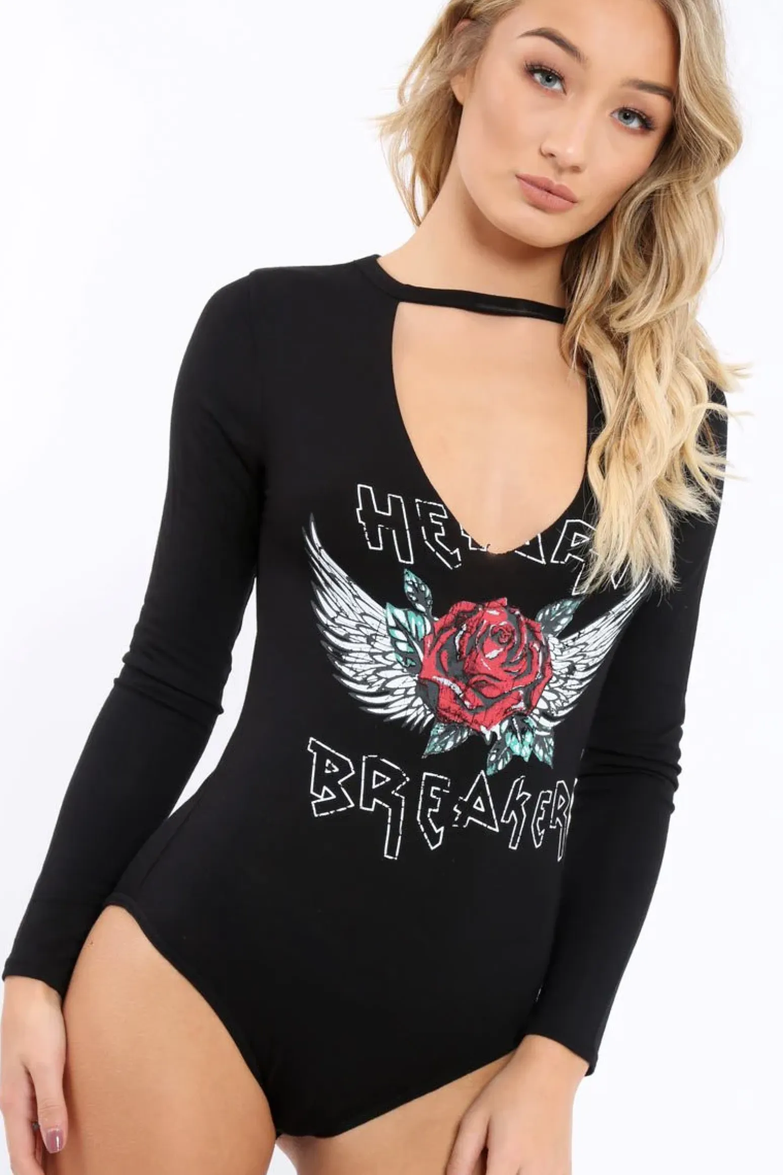 Rebellious Fashion Black Heart Breaker Bodysuit with Plunge Neck - Scarlet