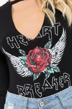 Rebellious Fashion Black Heart Breaker Bodysuit with Plunge Neck - Scarlet