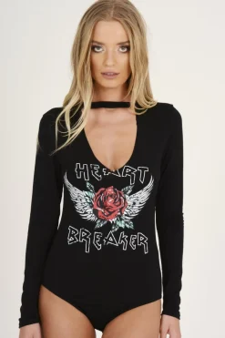 Rebellious Fashion Black Heart Breaker Slogan Bodysuit - Beverly