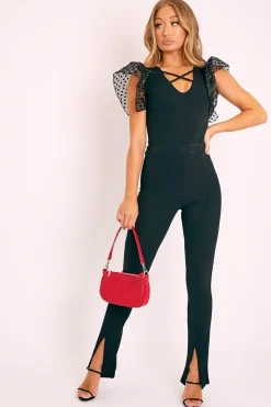 Rebellious Fashion Black Heart Mesh Frill Sleeve Bodysuit - Orianna