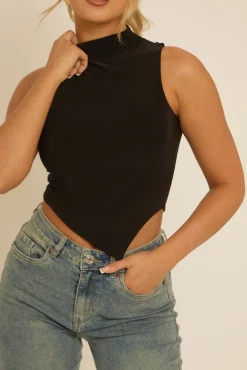 Rebellious Fashion Black High Neck Asymmetric Top - Ariella