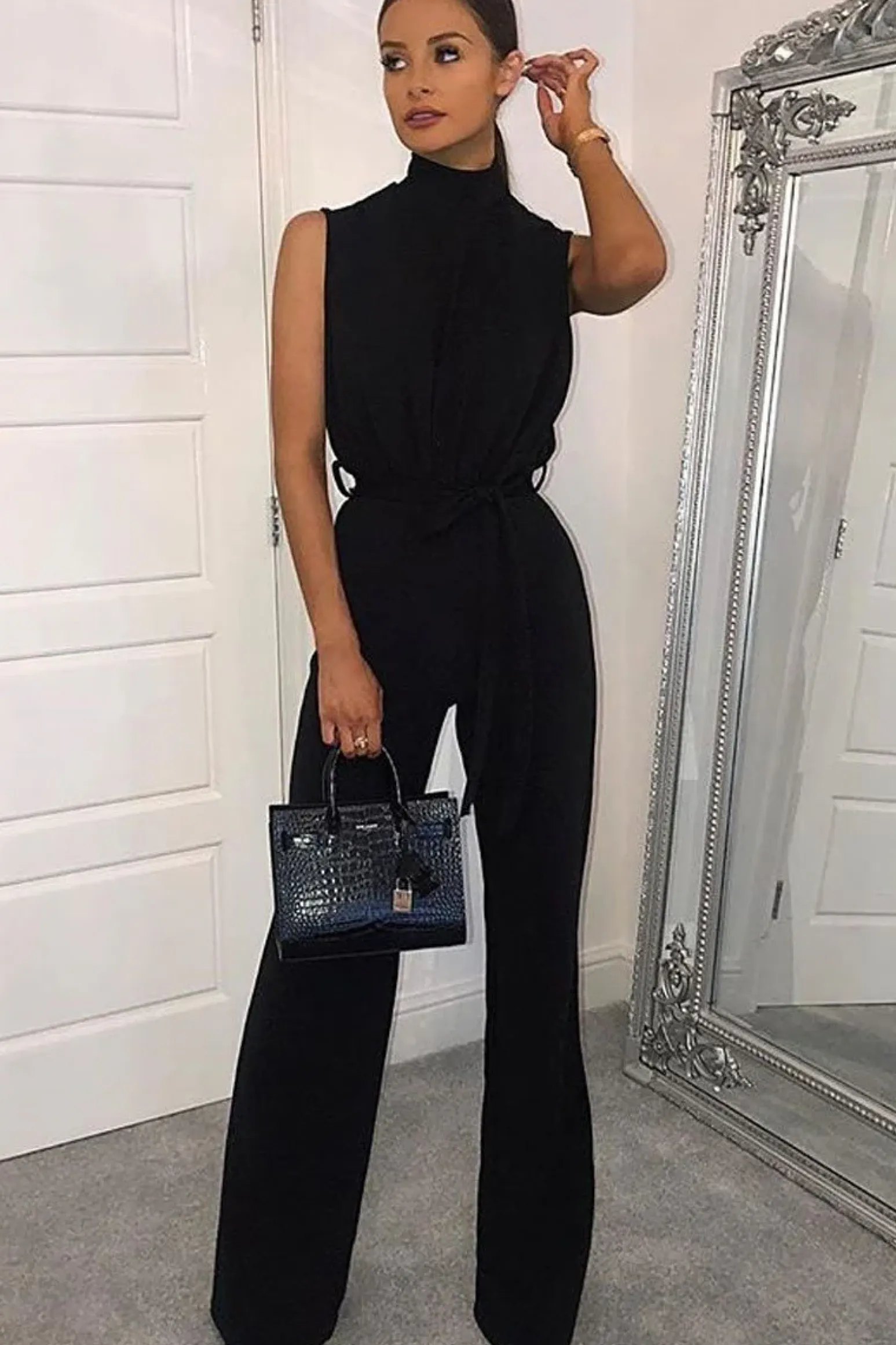Rebellious Fashion Black High Neck Belted Wide Leg Jumpsuit - Phoebie