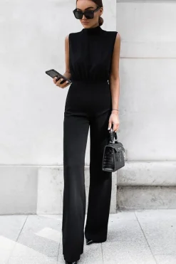 Rebellious Fashion Black High Neck Belted Wide Leg Jumpsuit - Phoebie