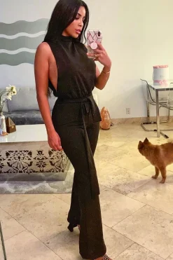 Rebellious Fashion Black High Neck Belted Wide Leg Jumpsuit - Phoebie