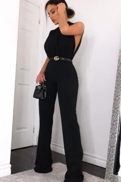 Rebellious Fashion Black High Neck Belted Wide Leg Jumpsuit - Phoebie