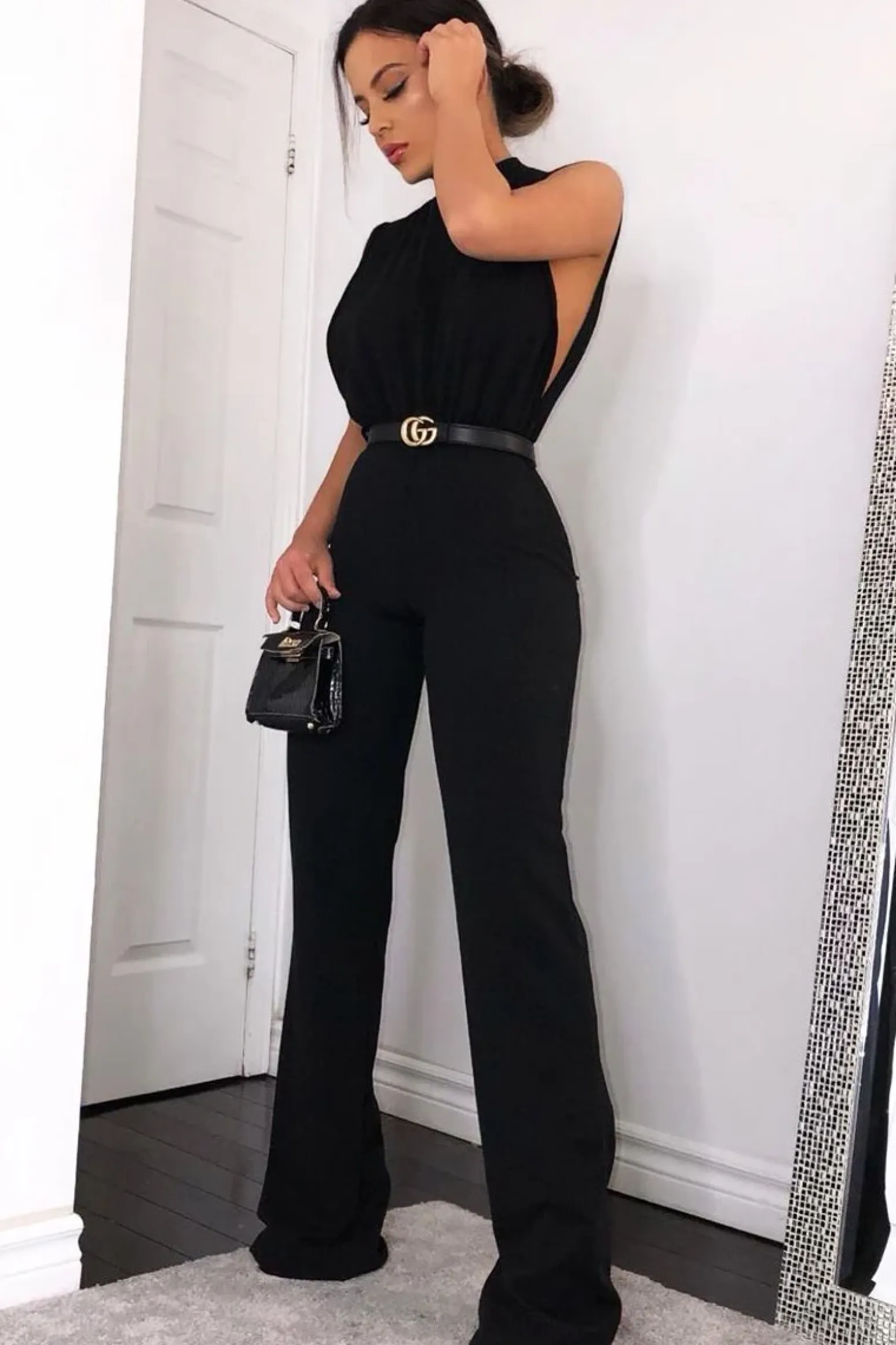 Rebellious Fashion Black High Neck Belted Wide Leg Jumpsuit - Phoebie
