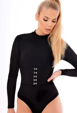 Rebellious Fashion Black High Neck Corset Detail Bodysuit - Hilda