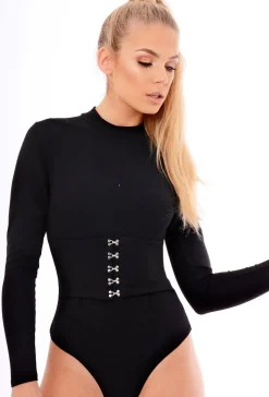 Rebellious Fashion Black High Neck Corset Detail Bodysuit - Hilda