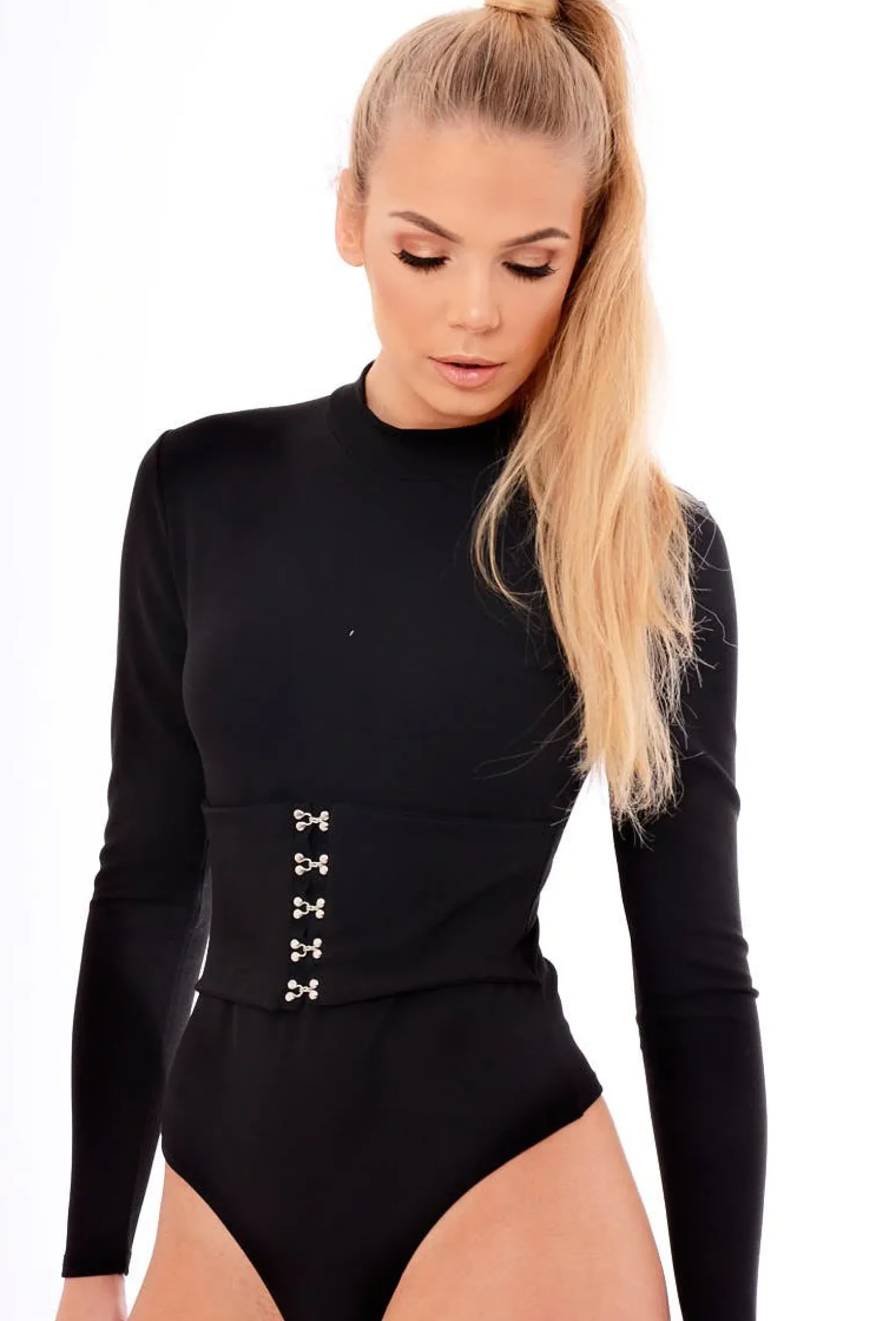 Rebellious Fashion Black High Neck Corset Detail Bodysuit - Hilda
