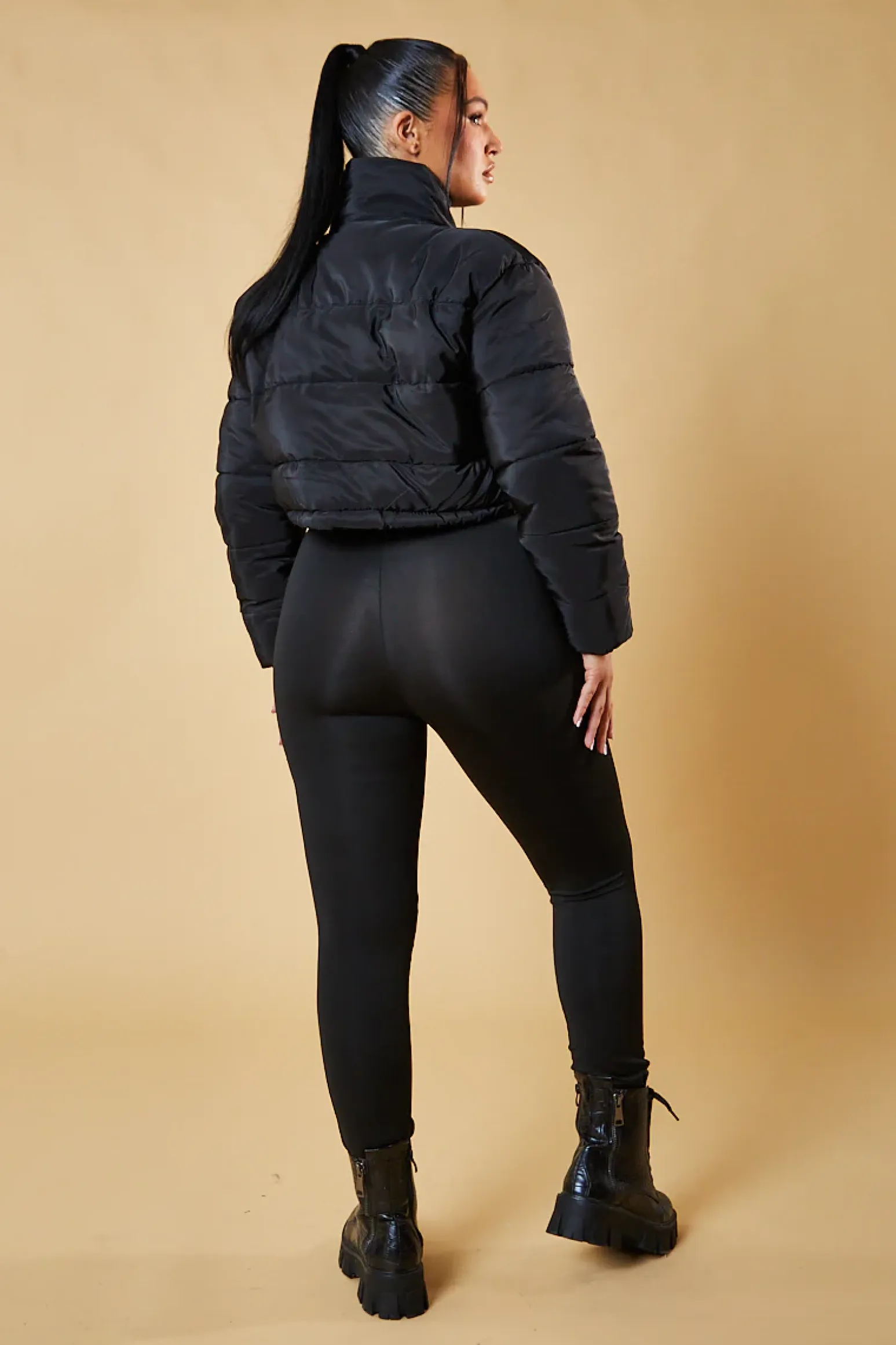 Rebellious Fashion Black High Neck Cropped Puffer Jacket - Mary