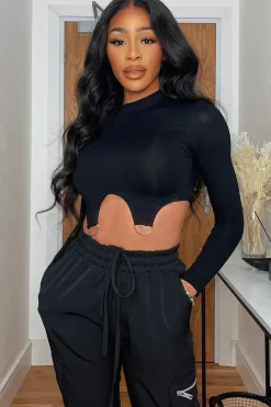 Rebellious Fashion Black High Neck Cropped Ring Detail Crop Top - Maebel