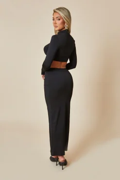 Rebellious Fashion Black High Neck Cropped Top & Ruched Front Maxi Skirt Set - Erena