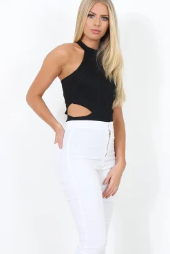 Rebellious Fashion Black High Neck Cut Out Bodysuit - Shelby