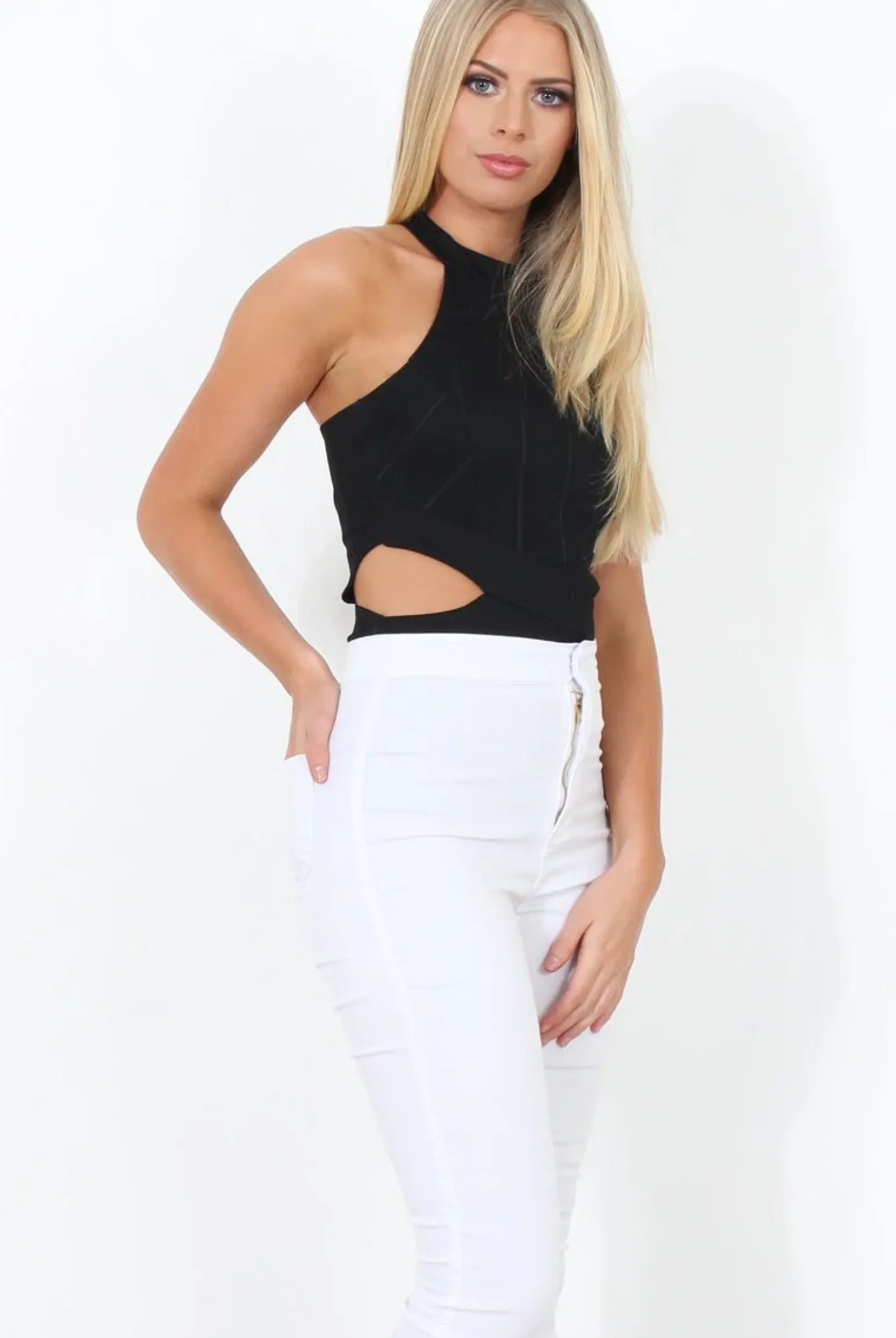 Rebellious Fashion Black High Neck Cut Out Bodysuit - Shelby