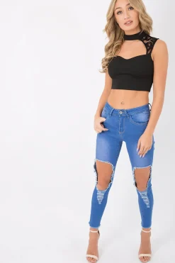 Rebellious Fashion Black High Neck Cut Out Crochet Crop Top - Una