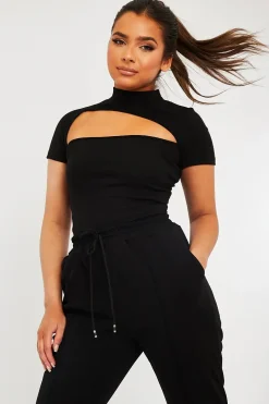Rebellious Fashion Black High Neck Cut Out Crop Top - Reita