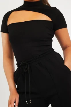 Rebellious Fashion Black High Neck Cut Out Crop Top - Reita