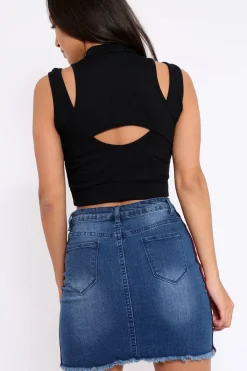 Rebellious Fashion Black High Neck Cut Out Ribbed Crop Top - Jessica