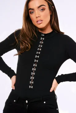 Rebellious Fashion Black High Neck Eyelet Detail Bodysuit - Maddison