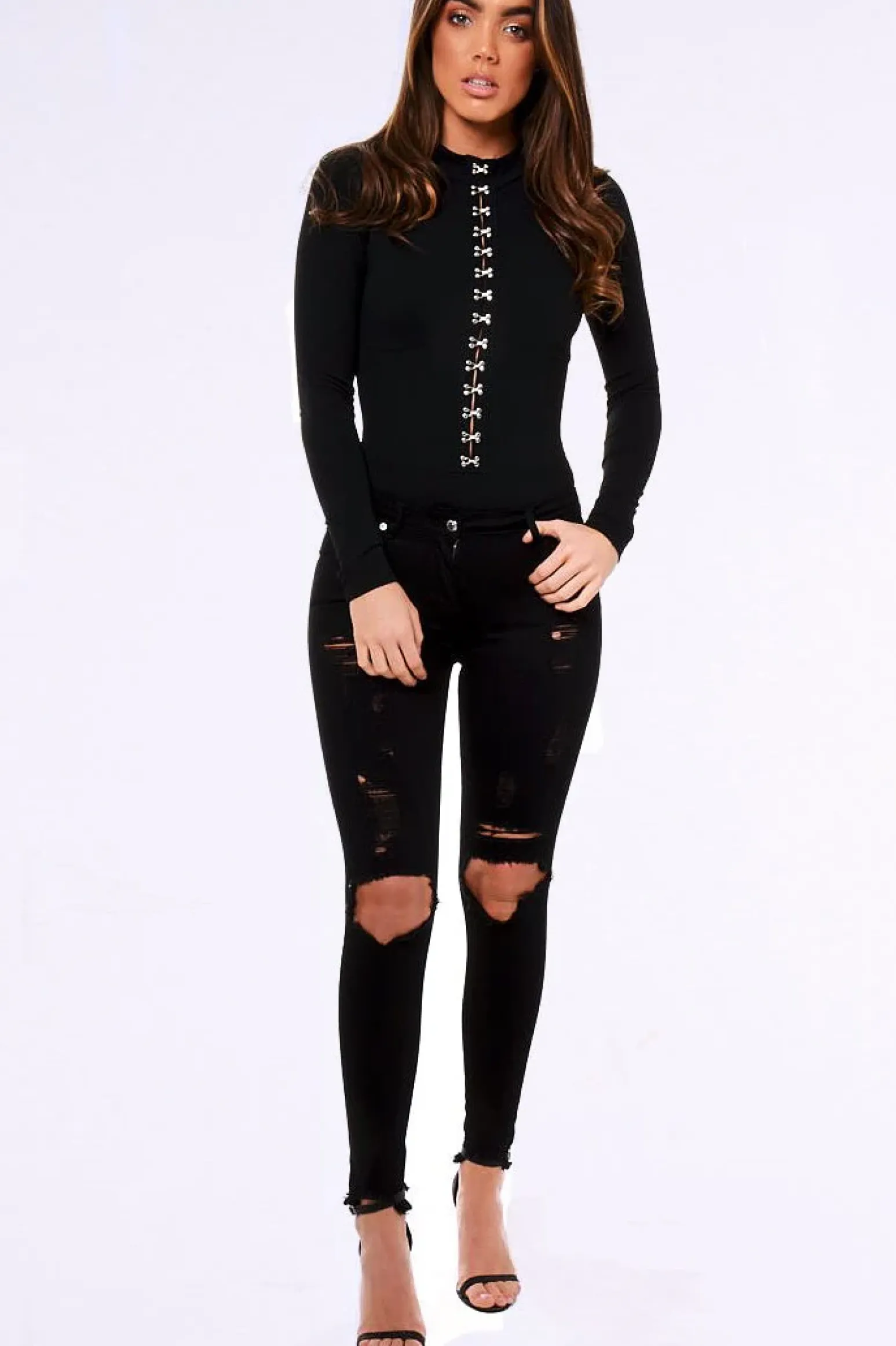 Rebellious Fashion Black High Neck Eyelet Detail Bodysuit - Maddison
