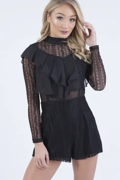 Rebellious Fashion Black High Neck Frill Lace Playsuit - Katie