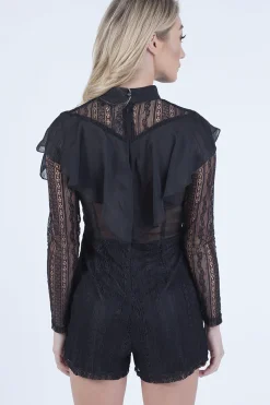Rebellious Fashion Black High Neck Frill Lace Playsuit - Katie