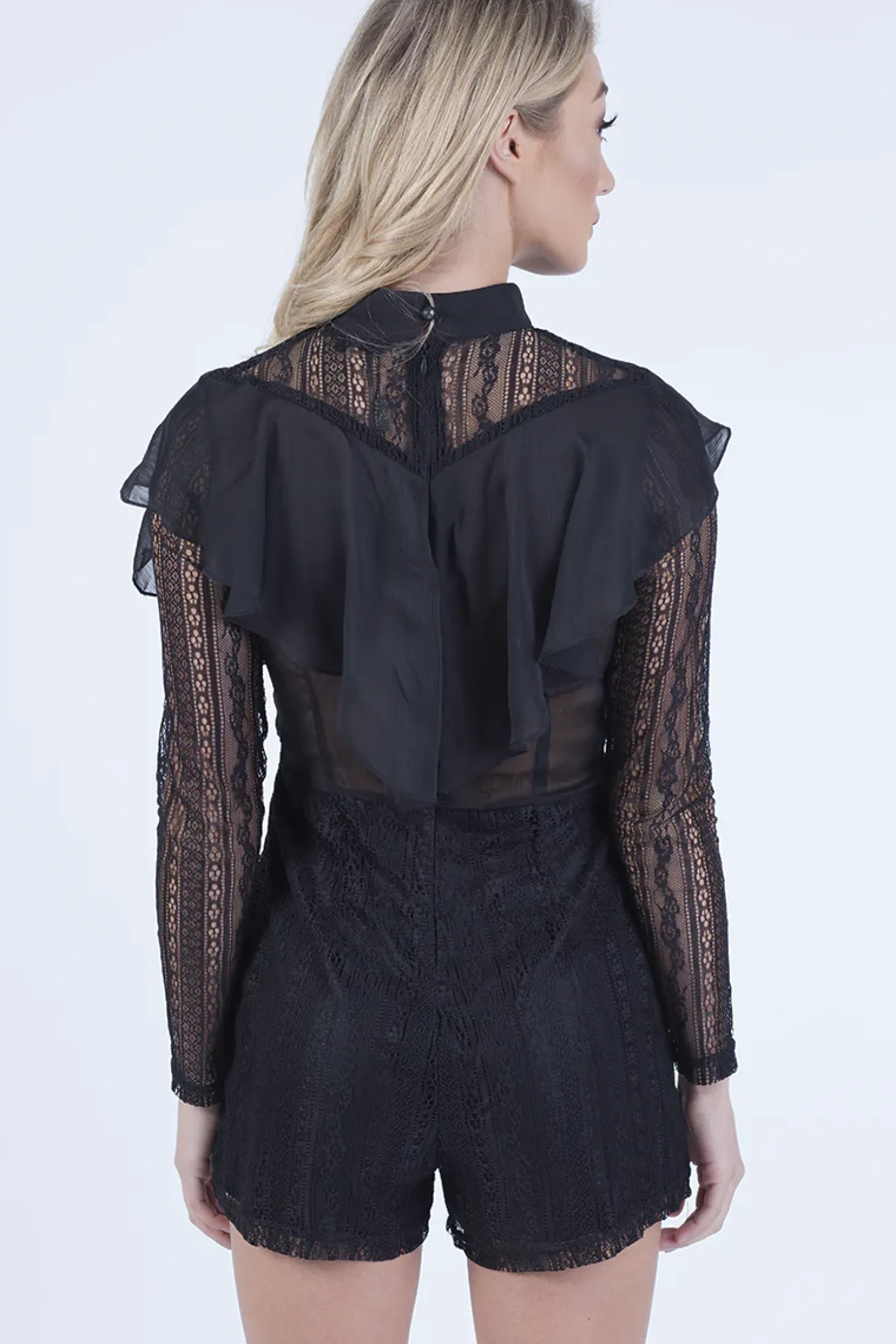 Rebellious Fashion Black High Neck Frill Lace Playsuit - Katie