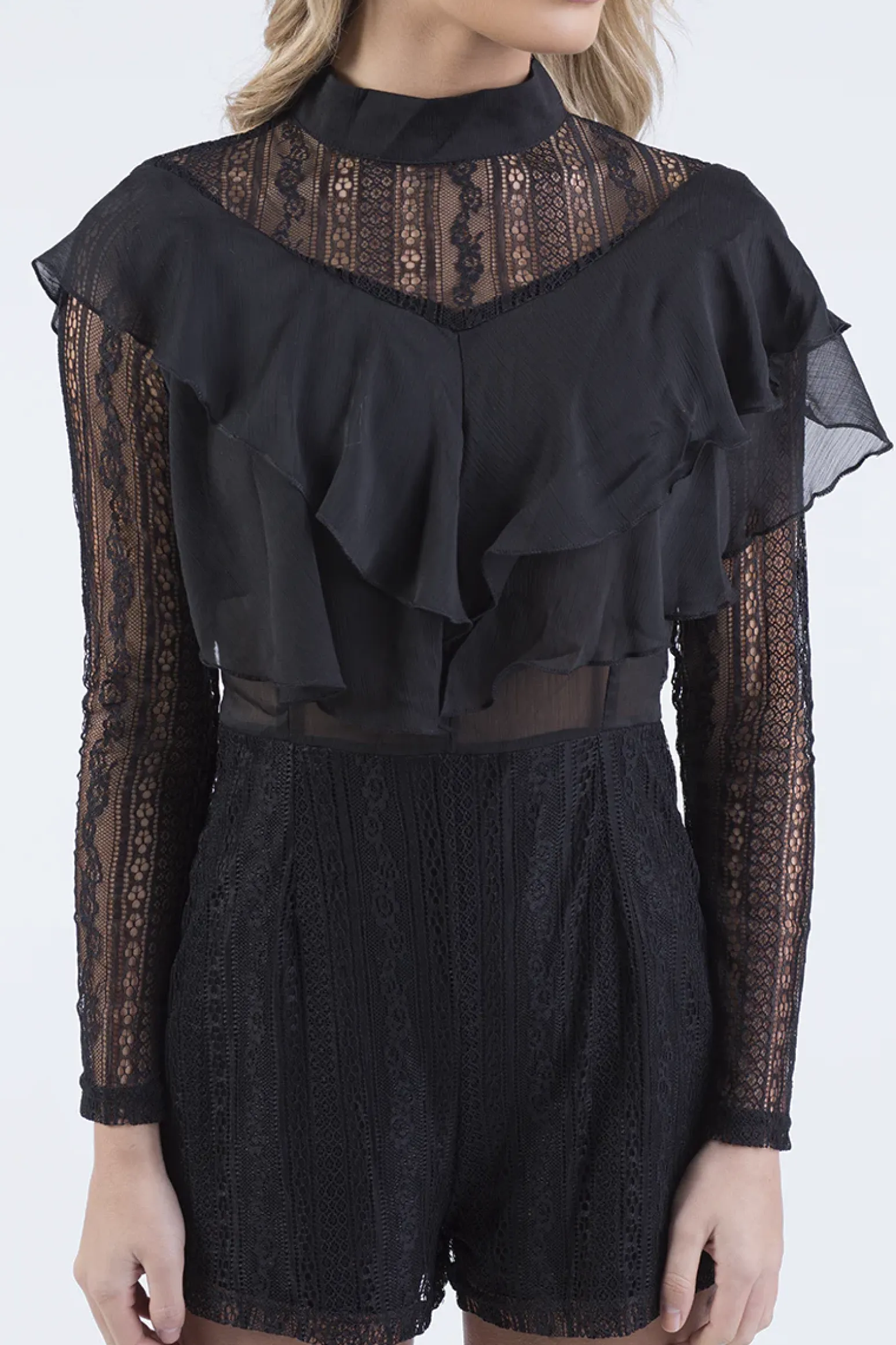 Rebellious Fashion Black High Neck Frill Lace Playsuit - Katie