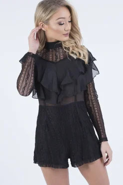 Rebellious Fashion Black High Neck Frill Lace Playsuit - Katie