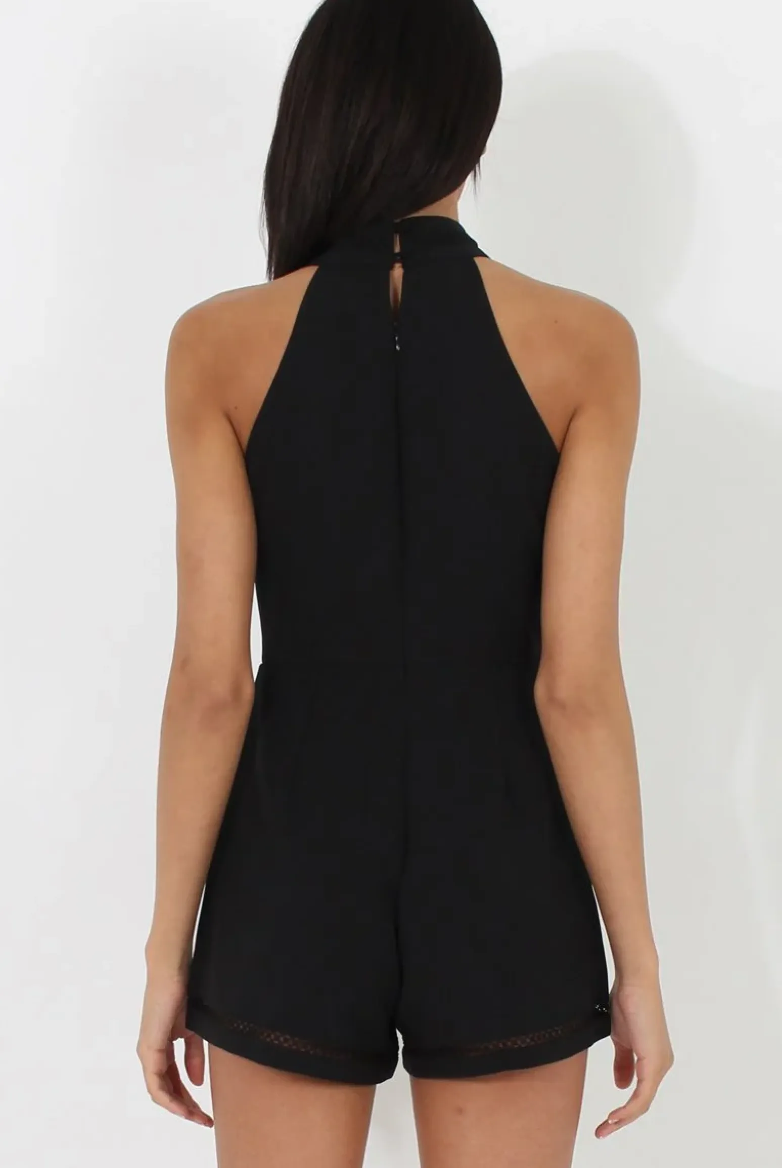 Rebellious Fashion Black High Neck Keyhole Playsuit - Nori