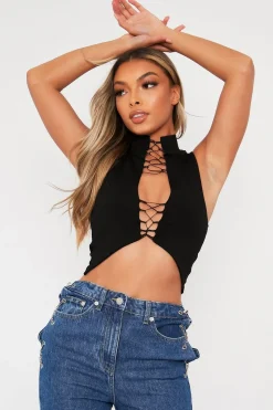 Rebellious Fashion Black High Neck Lace Up Detail Sleeveless Crop Top - Jeniya