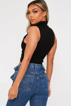 Rebellious Fashion Black High Neck Lace Up Detail Sleeveless Crop Top - Jeniya