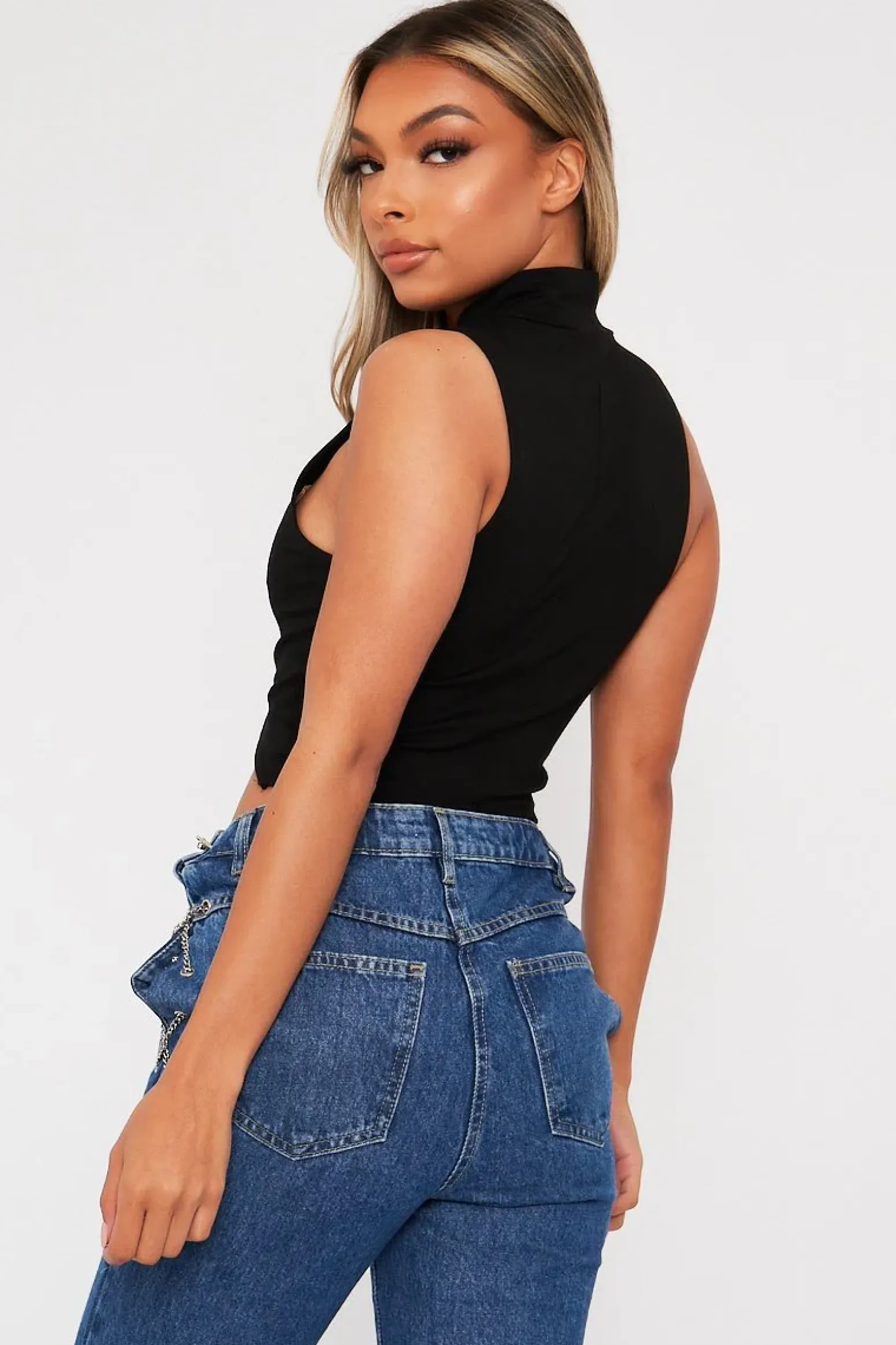 Rebellious Fashion Black High Neck Lace Up Detail Sleeveless Crop Top - Jeniya