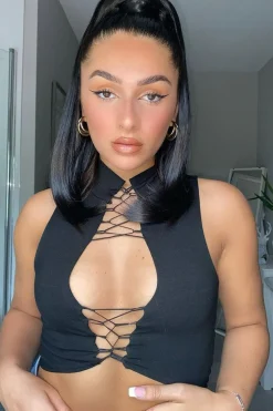 Rebellious Fashion Black High Neck Lace Up Detail Sleeveless Crop Top - Jeniya