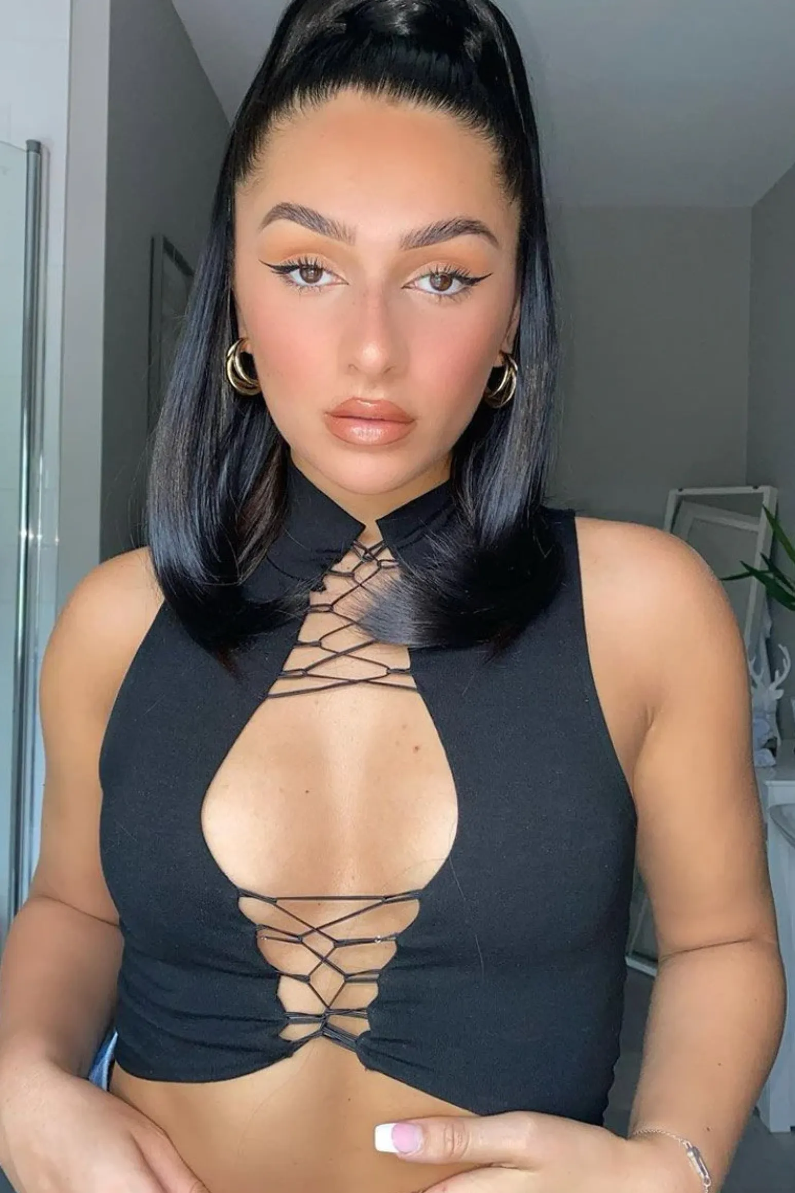 Rebellious Fashion Black High Neck Lace Up Detail Sleeveless Crop Top - Jeniya