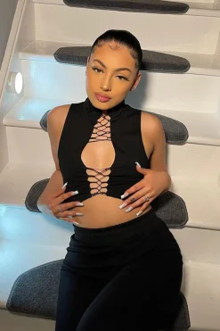 Rebellious Fashion Black High Neck Lace Up Detail Sleeveless Crop Top - Jeniya