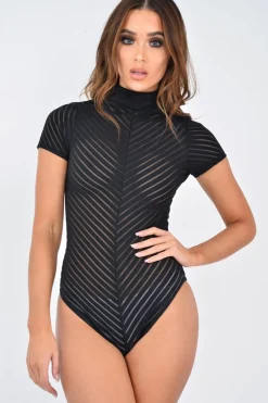 Rebellious Fashion Black High Neck Mesh Bodysuit - Inara