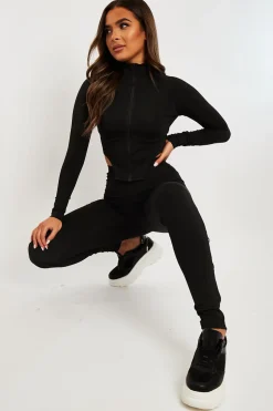 Rebellious Fashion Black High Neck Zip Crop Top Leggings Co-ord - Eily