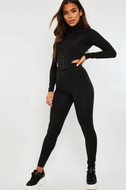 Rebellious Fashion Black High Neck Zip Crop Top Leggings Co-ord - Eily