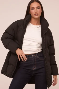 Rebellious Fashion Black High Neck Zip Fastening Puffer Jacket - Camelia