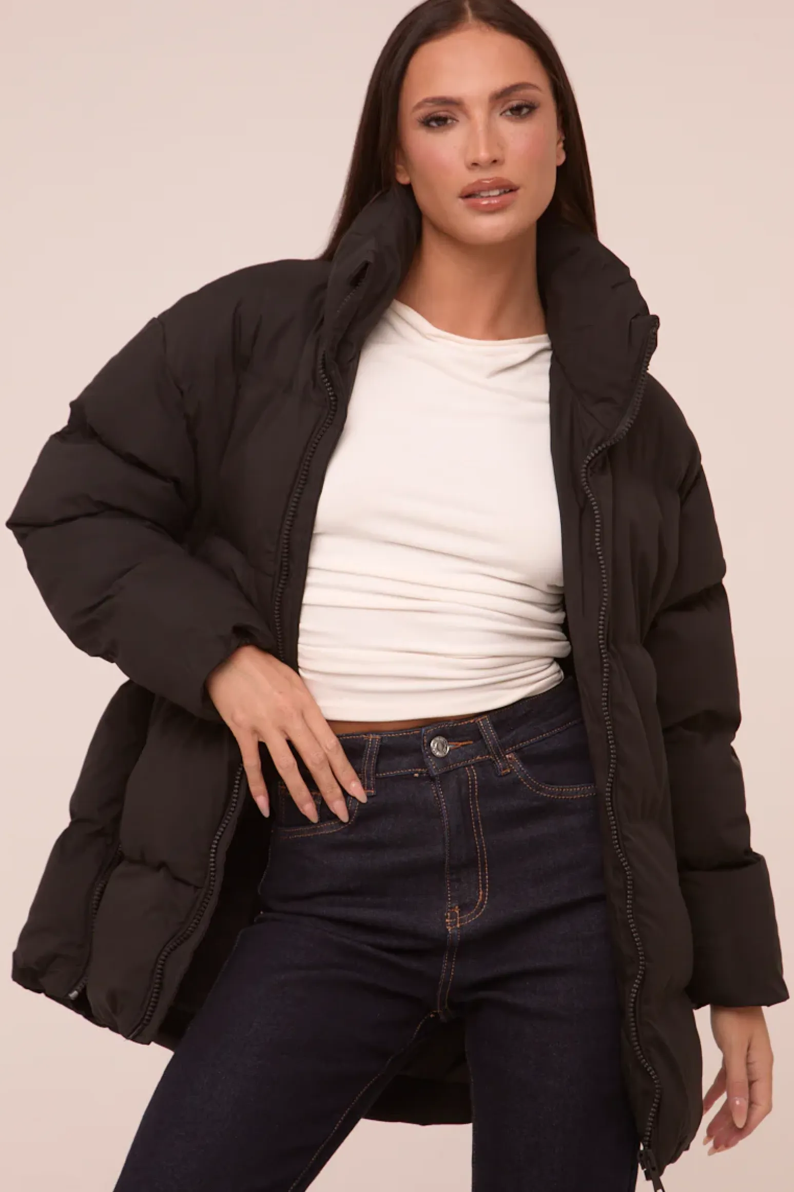 Rebellious Fashion Black High Neck Zip Fastening Puffer Jacket - Camelia
